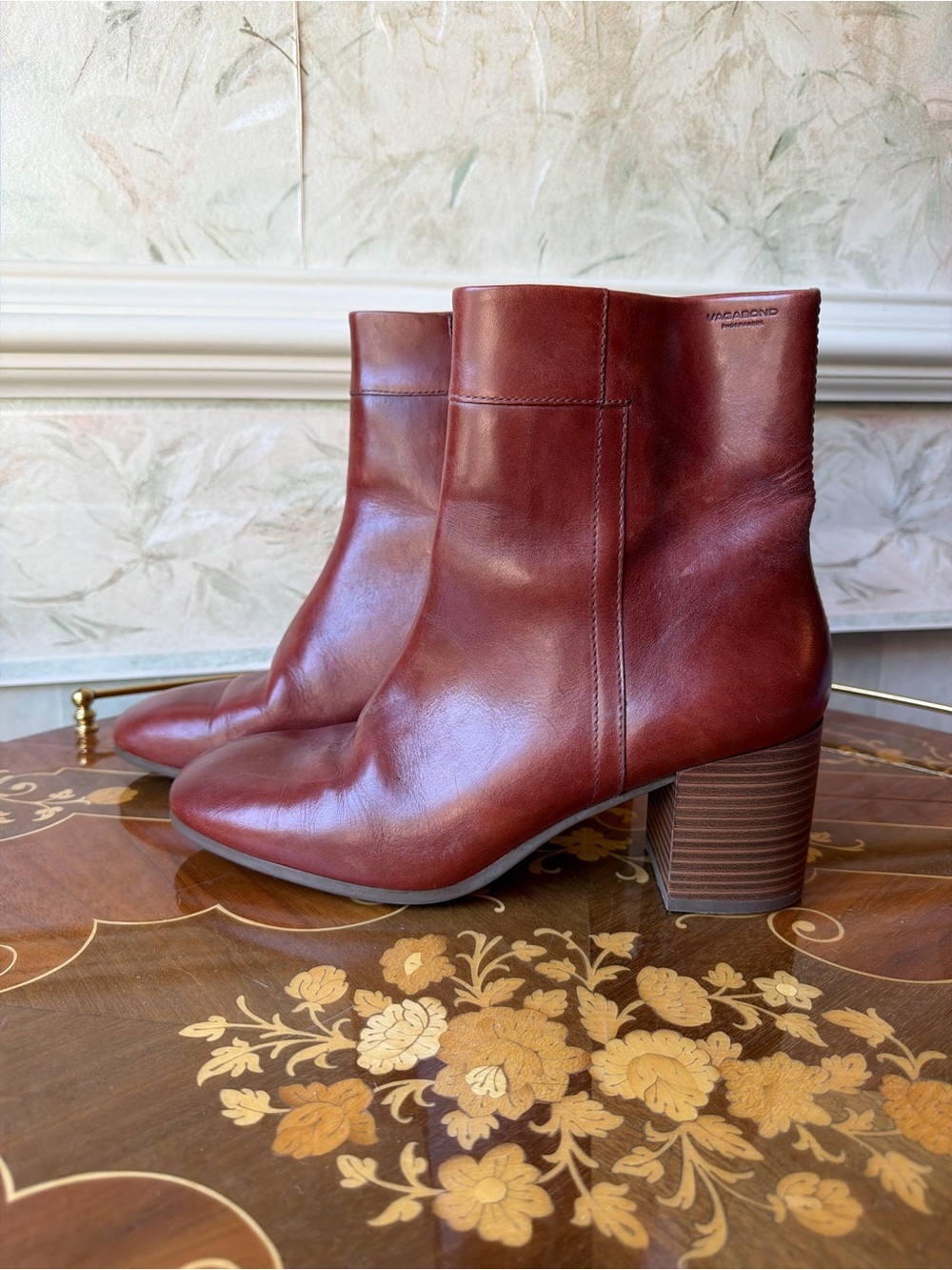 Vagabond Chestnut Leather Block Heel Ankle Boots Size 8 Burgundy Brown